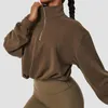 Women's Hoodies Women Casual Loose Winter Crop Tops Solid Color Fully Stand-Neck Long Sleeve Zip-Up Pullover Sweatshirt For Girls Beige