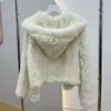 Pelliccia da donna Pelliccia sintetica Vera pelliccia di coniglio Cappotto con cappuccio Manica lunga Donna Casual Allentato lavorato a maglia Giacca di vera pelliccia con cappuccio Capispalla in pelliccia naturale femminile 230914