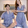Erkekler Sley Saten İpek Ev Giyim Çiftler İçin Yaz Kısa Kollu Şort Pijamas Set Kadınlar Seksi Dantel Nightdress V Boyun Salonu PJS
