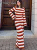 Basic Casual Dresses Fashion Knitted Crochet Stripe Maxi Dress Women Elegant Horn Sleeve Beach Female Holiday Evening Party Chic Long 230912