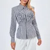 Blouses pour Femmes Puloru Chemises à Carreaux Automne Printemps Chic Mode Fleur Décor Manches Longues Revers Boutons Tunique Hauts Chemisier à Nouer au Dos