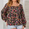 Kvinnors plus -storlek tshirt blommor tryckt fyrkantig sommarfjäder elegant peplum blus kvinnor lykta ärm avslappnad stor 7xl 230912