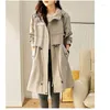 Women's Trench Coats Korean Windbreaker Spring Autumn Long-sleeved Pockets Lady Outerwear Casual Hooded Waist Drawstring Long Coat