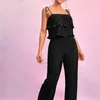 Women's Two Piece Pants Women Summer Outfits Solid Color Tiered Ruffles Camisoles Tank Tops Elastic Waist Wide-Leg Long 2 Pieces Set