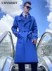 Męskie okopy płaszcze niebieskie długie wiatrówki męskie raglan rękawy Brytyjski trend zagęszczony ciepłem wewnętrzny Jacke 230914