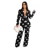 Women's Two Piece Pants Black White Polka Dot Print Womens Blazer Suits Casual Notched Long Sleeve Jacket And Straight Loose Trouser