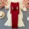 Casual Dresses French Chic Screw Thread Knitted Dress For Women V-neck A-line Female Long Sleeve Y2k Ladies Winter Vestidos Dropship