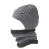 Boinas Gorro de punto Conjunto de bufanda Gorro de punto de invierno con forro polar para protección de oídos Cuello de color sólido cálido y grueso