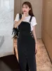 Casual Dresses Fashion Women Denim Straps Spring Summer High Waist Split Slim Suspender Dress Korean Mid Length Solid