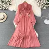 Casual Kleider Frühling Herbst Frauen Bogen Spitze-up V-ausschnitt Langarm Dünnes Kleid Mode einreiher Split Big hem Plissee Chiffon