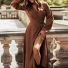 Robes décontractées Femmes Rétro Solide Simple Boho Longue Robe Printemps Wrap V Cou Cravate Bealted Fête Automne Manches Fente Bureau Maxi