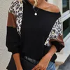 Women's Hoodies Women Long Sleeve O Neck One Shoulder Blouse Top Leopard Patchwork Pullover Female Sexy Clothing