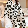 Pijamas femininos vaca pijamas pijamas padrão camisolas de algodão camisa de dormir mulher primavera outono