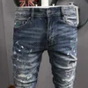 Мужские джинсы стрейч-дизайн, джинсовые джинсы в байкерском стиле, подходят для мужских тонких окрашенных нашивок с отделкой по ногам, ковбойские брюки, мужские x0914