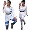 Autumn women's fashion printed long-sleeved sexy temperament patchwork pocket shirt pattern pants two-piece set free ship