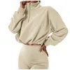 Women's Hoodies Women Casual Loose Winter Crop Tops Solid Color Fully Stand-Neck Long Sleeve Zip-Up Pullover Sweatshirt For Girls Beige