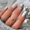 Kunstnagels 24 Stuks Kerst Lange Amandel Nagel Zilver Glanzend Poeder Sneeuwvlok Ontwerp Druk Op Afneembare Franse Volledige Cover Tips