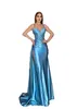 Elegante blaue Meerjungfrau Kleider Lang für Frauen Spaghetti Straps Applique Abendwettbewerbskleider Besonderes gelegentliches Geburtstagsfeier Party Kleid formelle Kleidung