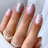 False Nails 24Pcs Christmas Long Almond Detachable Press On Fake Silver Glitter White Snowflake Rhinestone Design Full-cover Nail Tips