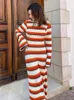 Basic Casual Dresses Fashion Knitted Crochet Stripe Maxi Dress Women Elegant Horn Sleeve Beach Female Holiday Evening Party Chic Long 230912