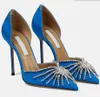 Aquazzur senhora vestido bombas mulheres sandália de salto alto sol cristal-embelezado bombas 105mm bomba camurça preta couro dedo do pé pontiagudo deslizamento em