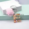 Key Rings Colorful With Pink Pompom English Letter Keychain Heart Star Shaped Sequins Filling Hollow Plastic Key Chain Keyring Accessories x0914