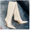 Moda para mujer, tacones altos puntiagudos, botas altas con cremallera, botas de montar hasta la rodilla, tacón tallado en metal dorado, moda elegante, zapatos de marca de diseñador, zapatos de fábrica