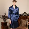 Men's Robes Large Size 3XL 4XL 5XL Robe Men Summer Single Nightgown Navy Blue Satin Bathrobe Kimono Gown Long Sleeve Home Dressing Gown 230914