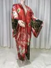 Women's Swimwear 20233 Cotton Bikini Sweet Lady Pink Boho Print Self Belted Front Open Long Kimono Dress Beach Tunic Women Wrap Dresses 230914