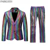 Mens Stage Prom Suits Gold Silver Rainbow Plaid Sequin Jacket Pants Men Dance Festival Christmas Halloween Party Costume Homme327B