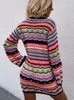 Casual Jurken Boho Gestreepte Gebreide Jurk Dames Herfst Lange Mouw Gehaakte Mini Vrouwelijke Mode Hol Bodycon Jumper Trui