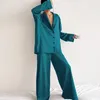 Women's Sleepwear Summer Two Pieces Pajama Set Solid Color Breathable Soft Turn-down Collar Full Sleeve Home Clothes Pyjamas