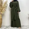 Ethnische Kleidung Frauen Elegantes muslimisches Hemdkleid Falten-Krepp-Langarm-Kaftan Islamisches lässiges Jilbab-Sommerkleid mit Gürtel 2023