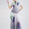 Çalışma Elbiseleri Yaz Kadın Giysileri 2 PCS Setleri Miyake Partisi Vintage Çiçek Baskı Üst T-Shirt Midi Pileli Etek Takımları Resmi Kıyafetler Q130