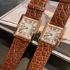 24mm 27mm Orologio da polso con serbatoio in pelle marrone Donna Uomo Numero romano geometrico Orologio Coppie Rettangolo Vetro Orologi Donna Uomo Sapphir284B