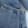 Conjuntos de ropa Niños Niñas Primavera Otoño Falda Conjunto Color Sólido Manga larga Chaqueta con botones con cintura elástica Mini traje de mezclilla de 2 piezas