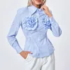 Blouses pour Femmes Puloru Chemises à Carreaux Automne Printemps Chic Mode Fleur Décor Manches Longues Revers Boutons Tunique Hauts Chemisier à Nouer au Dos