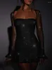 Casual Dresses Two Layer Mesh Sparkle Mini Dress Women Flare Sleeve Backless Bodycon Ruched Club Party Sexy Vestido