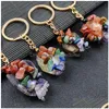 キーリングIrregar Folk Crafts Gemstone Natural Stone Ring Quartz Rouge Amethyst Tiger Eye Crystal Keychain Agate Meditation Pendant ha dhg2y