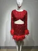 Casual Dresses Erotic Red Mini Dress for Women 2023 Chic Gace Sharcing Flash Sequin Feather Decoratio Ladies Vestidos Feminion Party