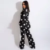 Women's Two Piece Pants Black White Polka Dot Print Womens Blazer Suits Casual Notched Long Sleeve Jacket And Straight Loose Trouser