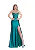 Dubai Arabic Hunter Green Mermaid Prom Dresses Spaghetti Straps Applique High Side Split Pleated Floor Length Formal Wear Birthday Pageant Evening Party Gowns