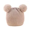 Bérets Cool Automne Hiver Chaud Mignon Bébé Chapeau Casquette Double Pompon Enfants Kawaii Bonnets Tricotés Pour Garçon Fille 1-3 Ans