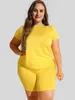 Plus size vestidos astrid 2023 casual feminino conjuntos tamanho 2 peças conjunto roupa sólida tshirt calças curtas roupas femininas 20705 230912