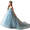 Abiti da ragazza Fiore Blu Puffy Tulle Fiocco Cintura Senza maniche Matrimonio Elegante Primo abito da festa di compleanno eucaristico per bambini