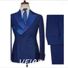 Men's Suits Royal Blue Groomsmen Groom Tuxedos Shawl Gold Lapel Men 2 Pieces Wedding Bridegroom Suit Costume Homme( Jacket Pants)