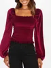 Women's T Shirts Women Elegant Velvet T-shirt Long Sleeve Square Neck Pleated Solid Slim Fit Ladies Tops Streetwear