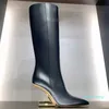 2023- moda feminina apontou salto alto botas de zíper alto botas de cano alto ouro metal esculpido salto luxo moda elegante designer sapatos de fábrica