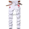 Męskie dżinsy haftowane kwiat róży stretch dżinsy męskie jesień białe i czarne podarte dżinsowe spodnie dla męskich pantalonów pour hommes238v x0914