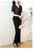 Pantalon de deux pièces pour femmes, grande taille, costume de pantalon, col en V, chemise en dentelle, haut et pantalon, tenue assortie, vêtements de mode coréens chics 2023